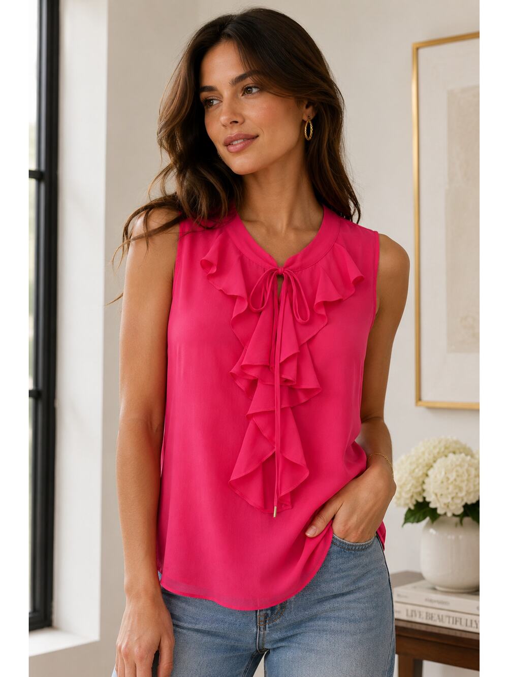 Tommy Hilfiger Sleeveless Chiffon Ruffle Top  Womens Size L Colorful Office